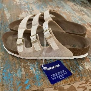 New Birkenstock Florida Birko Flor Multi Strap Snake Print Vegan Leather Sz 7/38